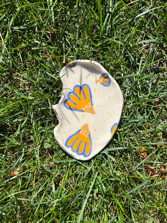 Orange & Blue Sweet Pea Flower Oyster Plate